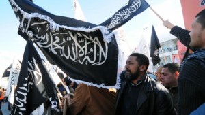 Salafists in Tunisia wave black flags reading "There's no God but God and Mohammed is his prophet."Salafists in Tunisia wave black flags reading "There's no God but God and Mohammed is his prophet" during a demonstration. AFP PHOTO / SALAH HABIBI