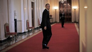 President Barack Obama looks back toward the East Room of the White House in Washington, on Friday, April 12, 2013. Source: AP Photo/Pablo Martinez Monsivais