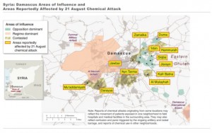 This map, included in the US report printed below, shows Damascus areas held by the regime of Bashar Al-Assad and those held by opposition forces, as well as those areas thought to have been affected by a nerve agent attack.