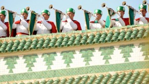 This file photo dated July 31, 2008, shows Moroccan royal guards blowing the trumpet during an allegiance ceremony outside the royal palace in Fez. (AFP PHOTO/ABDELHAK SENNA)