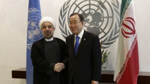 Hassan Rouhani, President of Iran (L), arrives for his meeting with United Nations Secretary-General Ban Ki-moon during the 68th session of the United Nations General Assembly at the United Nations headquarters in New York on September 26, 2013. (EPA/JASON SZENES)