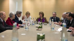 In this Nov. 9, 2013, photo, U.S. Secretary of State John Kerry, third left, meets with EU High Representative for Foreign Affairs, Catherine Ashton, center, and Iranian Foreign Minister Mohammad Javad Zarif, third right, at the Iran Nuclear talks in Geneva, Switzerland (AP).