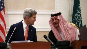 U.S. Secretary of State John Kerry and Saudi Foreign Minister Prince Saud al-Faisal (right) talk during a joint press conference November 4, 2013 in Riyadh. AFP Photo/Jason Reed