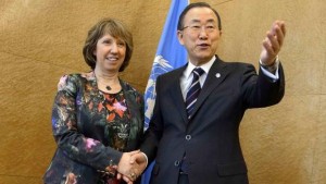EU foreign policy chief Catherine Ashton and UN Secretary-General Ban Ki-moon shake hands before a bilateral meeting at the United Nations offices in Geneva on January 21, 2014, ahead of the Geneva II conference in Montreux. (Reuters/Fabrice Coffrini/Pool)