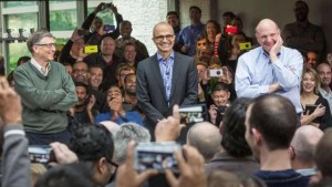 Satya Nadella, center, Microsoft's new CEO, addresses employees along with founder and technology advisor Bill Gates, left, and outgoing CEO Steve Ballmer, on the company's campus in Redmond, Washington on February 4, 2014. (Reuters/Microsoft/Handout via Reuters)