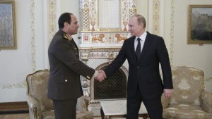 Russian President Vladimir Putin (R), shakes hands with Egypt's Abdel-Fattah El-Sisi during their meeting at the Novo-Ogaryovo state residence outside Moscow on February 13, 2014. (Reuters/Mihail Metzel/RIA Novosti/Kremlin)