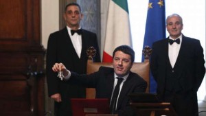 Italian new Premier Matteo Renzi rings the bell for reporters to indicate the start of his first cabinet meeting at Chigi Palace Premier's office, in Rome, Saturday, Feb. 22, 2014. Renzi has been sworn in as Italy's youngest premier, heading a new government he says promises will swiftly tackle old problems. Renzi had been serving as Florence mayor when he engineered a power grab last week to effectively force fellow Democrat, Enrico Letta, to step down after 10 months at the helm of a fragile, often-squabbling coalition. (AP Photo/Riccardo De Luca) Management