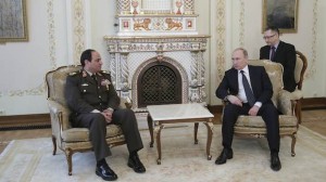 Russian President Vladimir Putin (R) speaks with Egyptian Army chief Field Marshal Abdel Fattah al-Sisi during their meeting at the Novo-Ogaryovo state residence outside Moscow, February 13, 2014. REUTERS/Mihail Metzel/RIA Novosti/Kremlin (RUSSIA - Tags: POLITICS MILITARY) THIS IMAGE HAS BEEN SUPPLIED BY A THIRD PARTY. IT IS DISTRIBUTED, EXACTLY AS RECEIVED BY REUTERS, AS A SERVICE TO CLIENTS