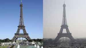 This combination of 2 pictures shows the Eiffel tower in central Paris through a haze of pollution (R) taken on March 14, 2014 and during clear weather (L) on August 17, 2012. More than 30 departments in France are hit by maximum level pollution alerts since the day before, prompting Ecology Minister to say air quality was "an emergency and a priority for the government." AFP PHOTO / BERTRAND GUAY / KENZO TRIBOUILLARD
