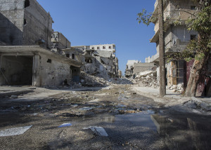 A bombed-out street in Aleppo. (Asharq Al-Awsat/Hannah Lucinda Smith)