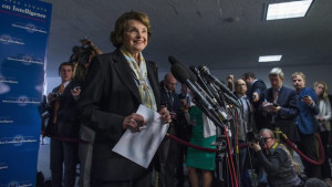 Democratic Senator from California, Dianne Feinstein, speaks to the media after a Senate Intelligence Meeting where members voted to support the declassification of key findings of a 6,300-page report detailing the CIA's controversial interrogation program, in the Hart Senate Office Building in Washington DC, USA, 03 April 2014. EPA/JIM LO SCALZO