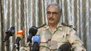 General Khalifa Haftar speaks during a news conference at a sports club in Abyar, a small town to the east of Benghazi, on May 17, 2014. (REUTERS/Esam Omran Al-Fetori)