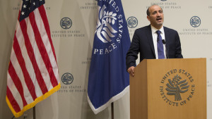 Ahmed Jarba, president of the National Coalition for Syrian Revolutionary and Opposition Forces, speaks at the US Institute of Peace on May 7, 2014, in Washington, DC. (AP Photo/ Evan Vucci)