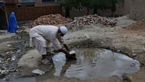 An elderly Afghan man collects water from a pool at a construction site in Kabul on May 31, 2014. (AFP PHOTO/Wakil Kohsar)
