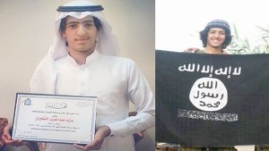 Yazid Al-Shaqeran holds his secondary school diploma, at left, and the flag of the Islamic State of Iraq and Syria, at right.