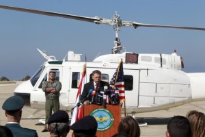 U.S. Charge d'Affaires and Interim Ambassador Richard H. Jones speaks during a ceremony reviewing three Huey II helicopters donated by the United States to the Lebanese armed forces, at the Beirut air base