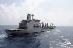 A United States Navy supply ship, U.S.N.S. Rappahannock, prepared to refuel another naval vessel in the South China Sea in March, Reuters