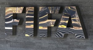 The FIFA logo is seen at the FIFA headquarters in Zurich