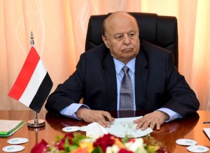 Yemen's President Abd-Rabbu Mansour Hadi sits during a meeting with government officials in the country's southern port city of Aden