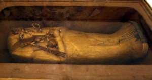 The golden sarcophagus of King Tutankhamun in his burial chamber is seen in the Valley of the Kings, in Luxor