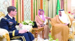 King Salman during his meeting with the Commander of U.S. Central Command Joseph Votel in Jeddah on Wednesday