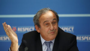 UEFA President Michel Platini attends a news conference after the draw for the 2015/2016 UEFA Europa League soccer competition at Monaco's Grimaldi Forum in Monte Carlo, Monaco