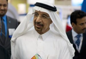Khalid al-Falih speaks to the media during Petrotech 2014 in Manama