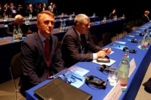Representatives of the Kosovo Soccer Federation Salihu and Vokrri wait to start the 40th Ordinary UEFA Congress in Budapest