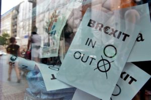 A poster featuring a Brexit vote ballot with "out" tagged is on display at a bookshop window in Berlin on Friday. (John MacDougall/Agence France-Presse via Getty Images)