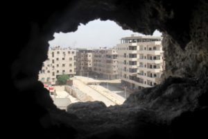 A general view shows a deserted street at the beginning of the Yarmouk Palestinian refugee camp
