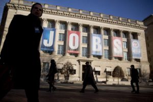 A “Jobs” banner hangs outside the U.S. Chamber of Commerce in Washington, D.C., U.S.(Photo by Andrew Harrer/Bloomberg)