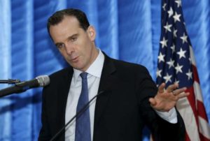 Brett McGurk, the United States' new envoy to the coalition it leads against Islamic State, speaks to reporters during a news conference at the U.S. embassy in the heavily fortified Green Zone in Baghdad, Iraq, December 9, 2015.
