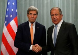 U.S. Secretary of State John Kerry L and Russian Foreign Minister Sergei Lavrov shake hands during a joint news conference following their meeting in Moscow, Russia, July 16, 2016.