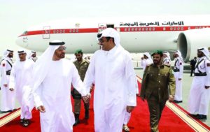 Emir H H Sheikh Tamim bin Hamad Al Thani welcomes the Crown Prince of Abu Dhabi and Deputy Supreme Commander of the Armed Forces of the UAE, Sheikh Mohammed bin Zayed Al Nahyan, and his delegation at Doha International A
