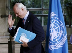 U.N. mediator Staffan de Mistura leaves a news conference after a meeting with the High Negotiations Committee (HNC) during Syria peace talks at the United Nations in Geneva, Switzerland, April 18, 2016. REUTERS/Denis Balibouse