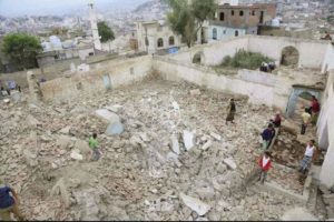 People gather among the rubble of a Sufi mosque that was blown up in an attack in the southwestern city of Taiz, Yemen, Saurday. There were no casualties and no groups have claimed responsibility for the attack, according to local media. | REUTERS