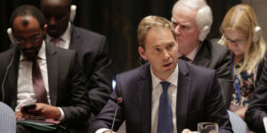 Tobias Ellwood, United Kingdom parliamentary Under Secretary of State speaks during a U.N. Security Council meeting, Friday, Sept. 19, 2014, at the United Nations Headquarters. The Security Council met to discuss the situation of The Islamic State group in Iraq. (AP Photo/Julie Jacobson)