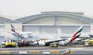 Emirates Airline flight is seen after it crash-landed at Dubai International Airport