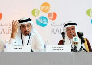 Khalid A. Al-Falih (L) and Ali al-Naimi attend a news conference at the opening ceremony of the King Abdullah University of Science and Technology (KAUST) in Jeddah