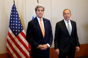 U.S. Secretary of State John Kerry (L) and Russian Foreign Minister Sergei Lavrov meet in Geneva, Switzerland, to discuss the crisis in Syria, September 9, 2016.