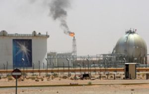 Gas flame is seen in the desert near the Khurais oilfield