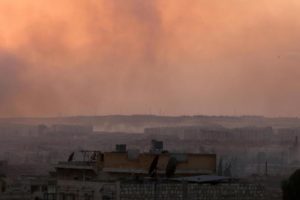 Smoke rises after airstrikes on Aleppo's Castello road, Syria