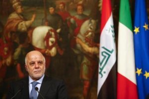 Iraqi Prime Minister Haider Al-Abadi looks on during a joint news conference with Italian Prime Minister Matteo Renzi at the end of a meeting at Chigi Palace in Rome, Italy February 10, 2016.