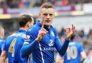 Leicester City’s Jamie Vardy celebrates after scoring their first goal. Paul Burrows / Reuters