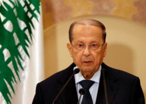 Christian politician and FPM founder Michel Aoun talks during a news conference in Beirut