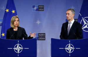 EU foreign policy chief Mogherini and NATO Secretary-General Stoltenberg address a joint news conference during a NATO foreign ministers meeting in Brussels