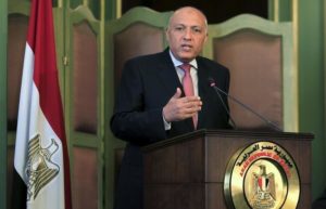 Egyptian Foreign Minister Shoukry speaks during a news conference after a meeting with his Italian counterpart Gentiloni at the foreign ministry in Cairo