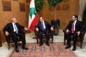 Lebanon's President Michel Aoun meets with Prime minister-designate Saad al-Hariri and Parliament Speaker Nabih Berri at the presidential palace in Baabda