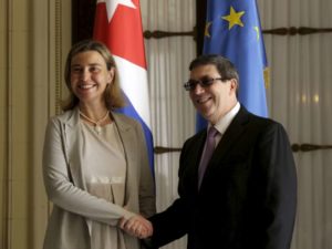 EU foreign policy chief Federica Mogherini (L) shakes hands with Cuba’s Foreign Minister Bruno Rodriguez Parrilla during their meeting in Havana March 11, 2016. Reuters