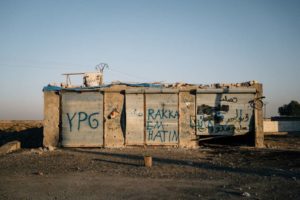 Graffiti in Tal Saman, Syria, reads ‘‘YPG’’ and ‘‘Raqqa we are coming.’’